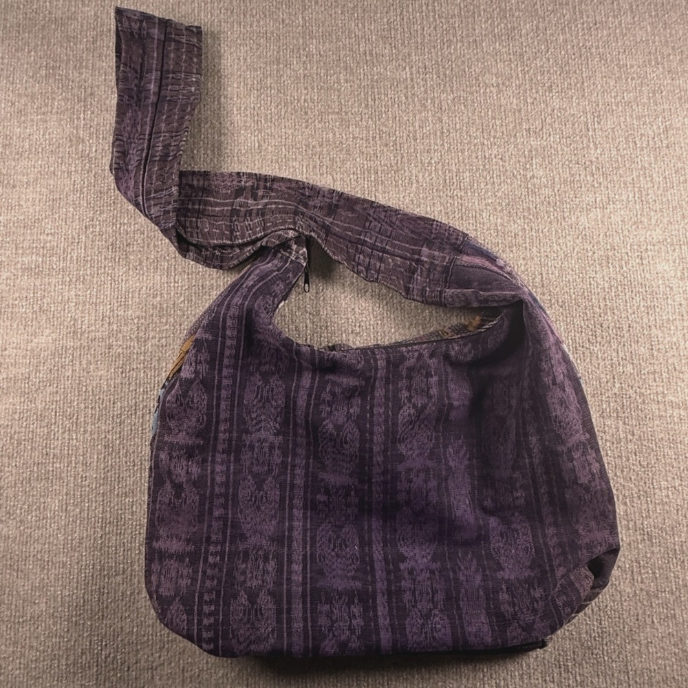 Purple Boho Embroidered Hobo Bag Woven Ikat Festival Crossbody Shoulder Bag - Picture 3 of 11